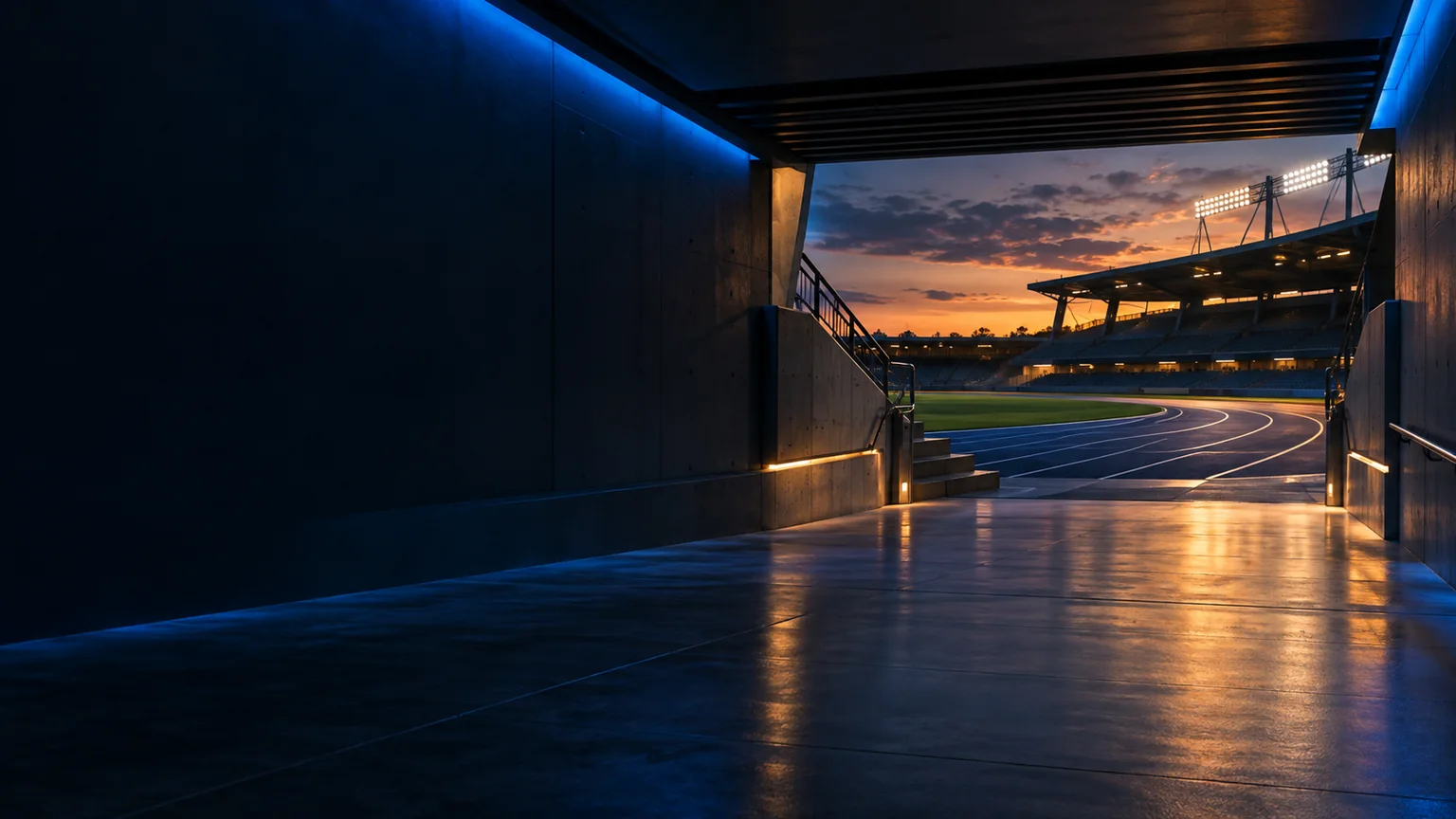 Entrada de um estádio com pista ao fim do dia