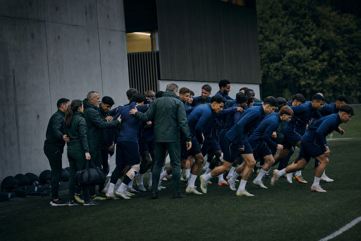 Equipa e profissionais do clube passam de uma reunião breve para o treino