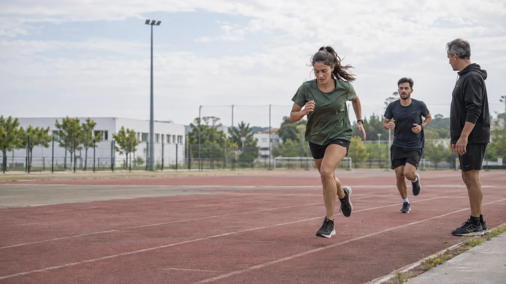 Ambiente de preparação desportiva com atletas e equipa de treino